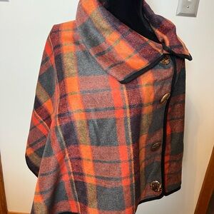 Elegant Plaid Wool Wrap in Orange and Gray